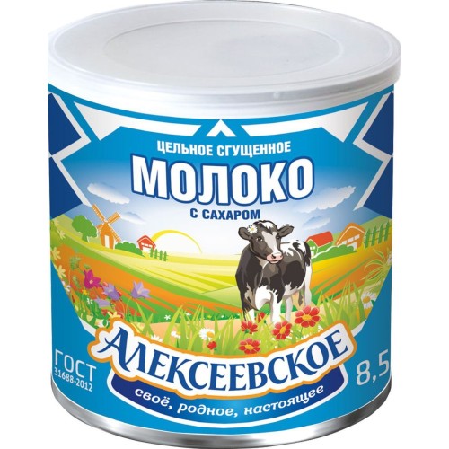 Молоко цельное сгущенное с сахаром мдж 8,5% * 360 гр ж/б, ключ, пластик. крышка  Алексеевское